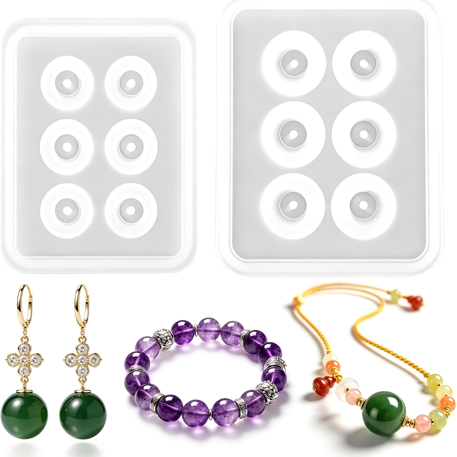 Resin Jewelry Kit - แม่พิมพ์ลูกปัดซิลิโคนทรงกลมแบบเจาะรู 2 แบบ, แม่พิมพ์เรซินอีพ็อกซี่ทรงกลม, เหมาะสำหรับงาน DIY