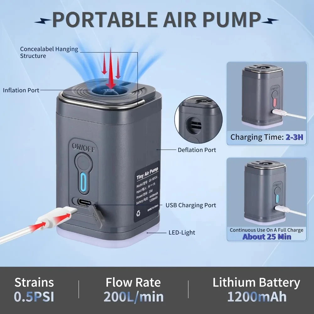 Vacuum Chamber Small - ปั๊มลมพกพาขนาดเล็กพร้อมแบตเตอรี่ 1300mAh ชาร์จผ่าน USB ได้ ใช้สำหรับสูบลมและดูดลมออกสำหรับที่นอนลม