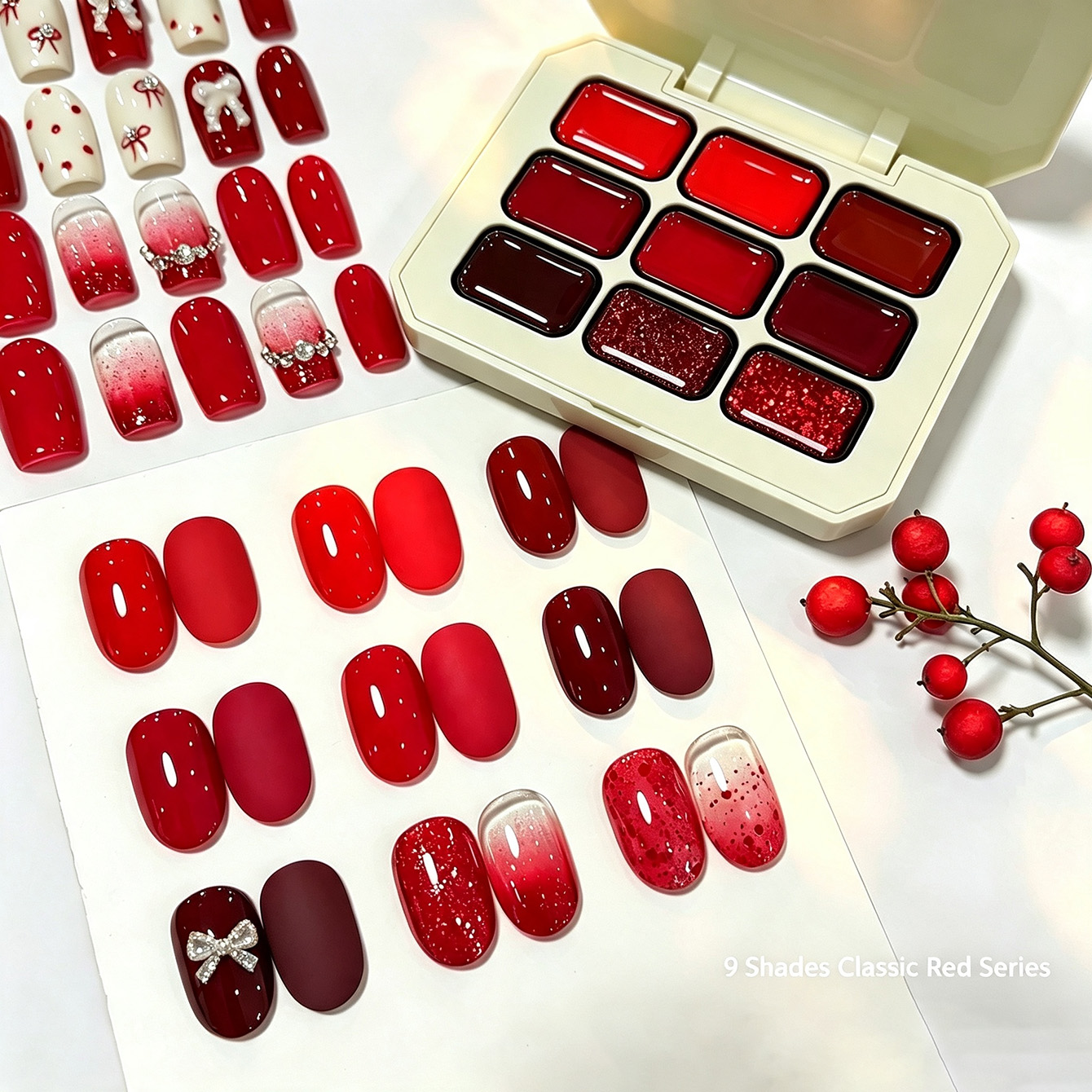 Resin Glitter Pack - เจลทาเล็บสีแดงคลาสสิก 9 สี, เจลทาเล็บแบบ Pat-pat, ชุดยาทาเล็บกลิตเตอร์สีแดงเชอร์รี่สำหรับคริสต์มาสและปีใหม่สำหรับร้านทำเล็บ