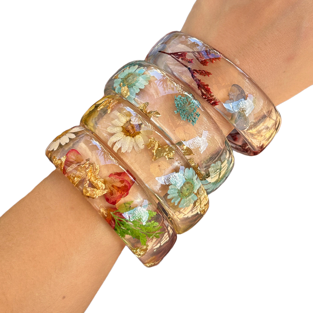 Dried Flower Bulk - Vintage ดอกไม้อะคริลิคใสกว้างกําไลข้อมือสร้อยข้อมือผู้หญิง Boho สีสันแห้ง Daisy เรซิ่นสร้อยข้อมือ