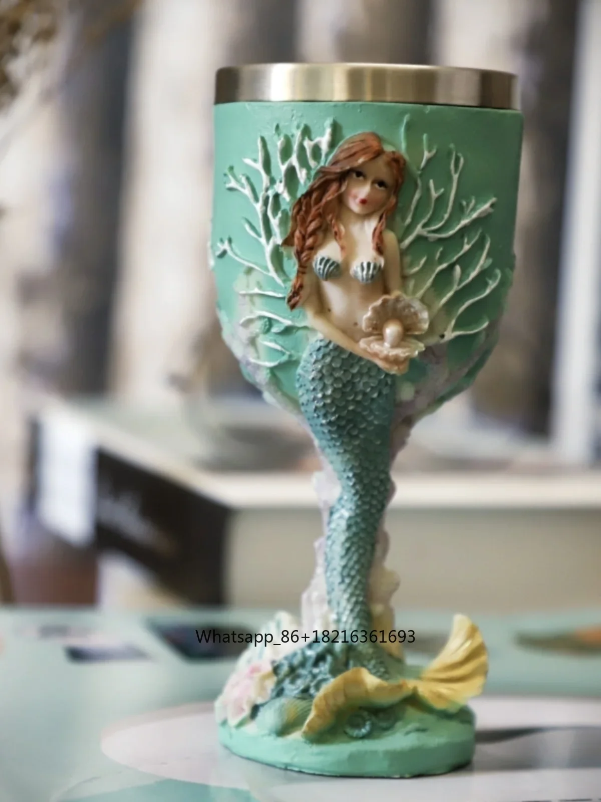 Crafting Resin - แก้วไวน์สเตนเลสสตีลลายเงือกแกะสลักสามมิติ งานฝีมือเพ้นท์มือ แก้วน้ำเรซิ่นดีไซน์สร้างสรรค์ สำหรับการค้าต่างประเทศ